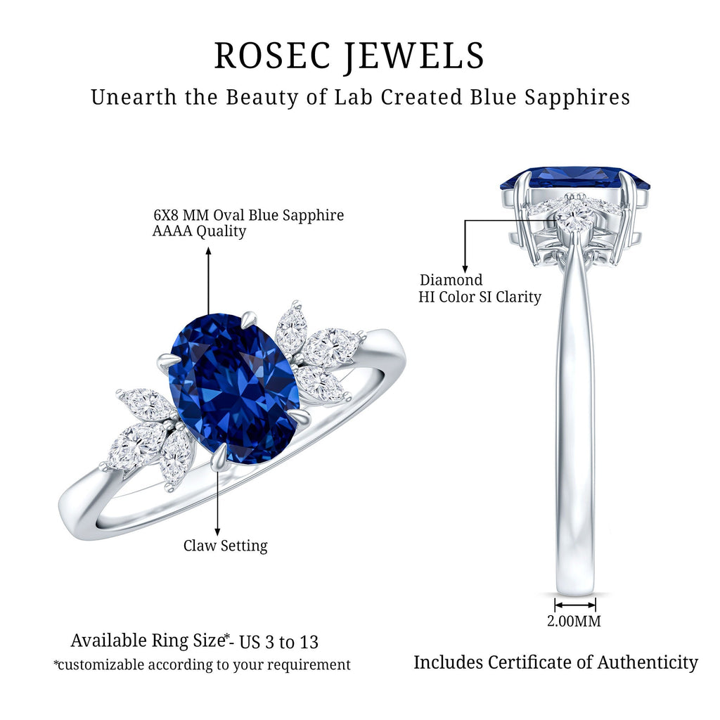 Lab Grown Blue Sapphire Ring, Oval Diamond Trio Engagement Ring