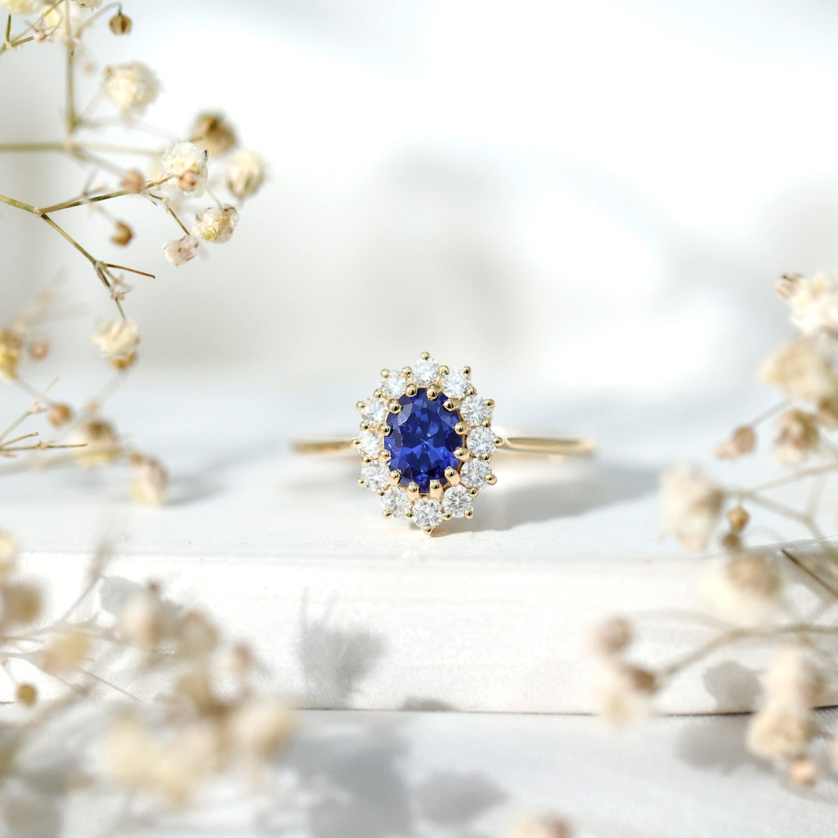 Lab Grown Blue Sapphire Ring, Oval Princess Diana Diamond Halo