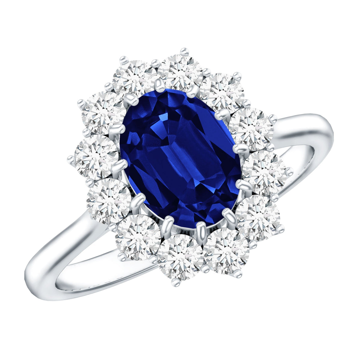 Lab Grown Blue Sapphire Ring, Oval Princess Diana Diamond Halo