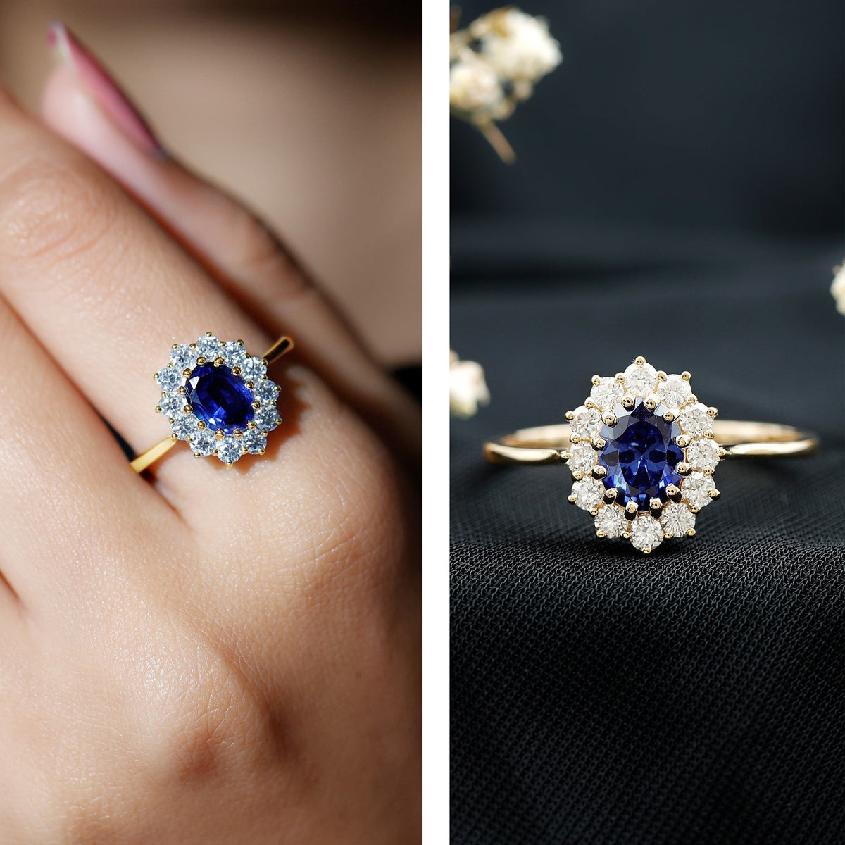 Lab Grown Blue Sapphire Ring, Oval Princess Diana Diamond Halo