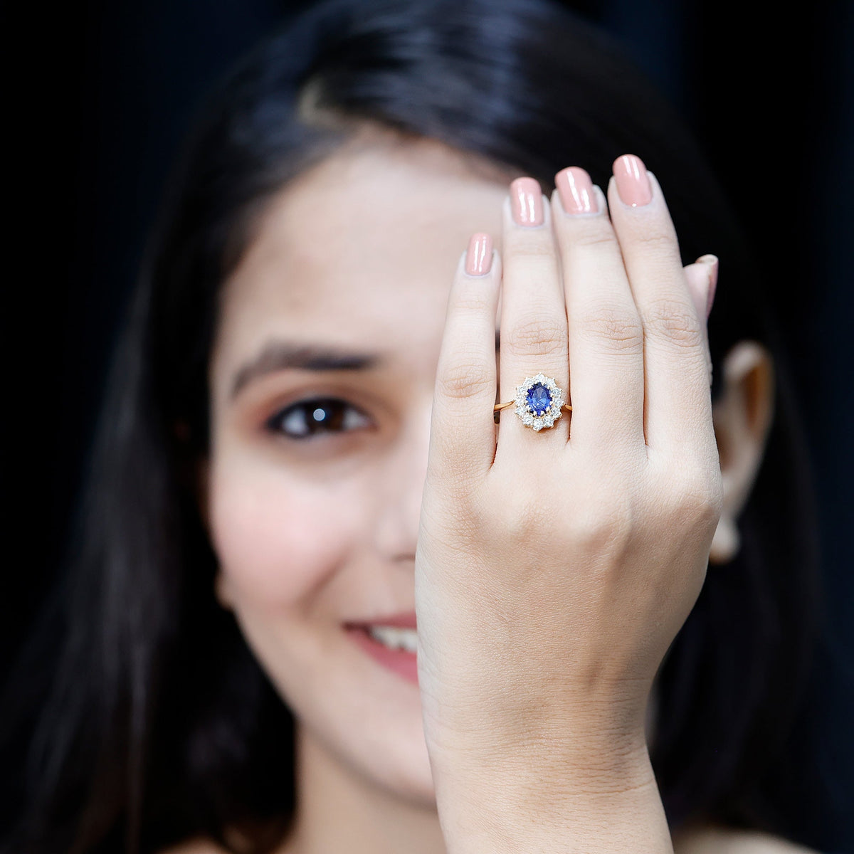 Lab Grown Blue Sapphire Ring, Oval Princess Diana Diamond Halo