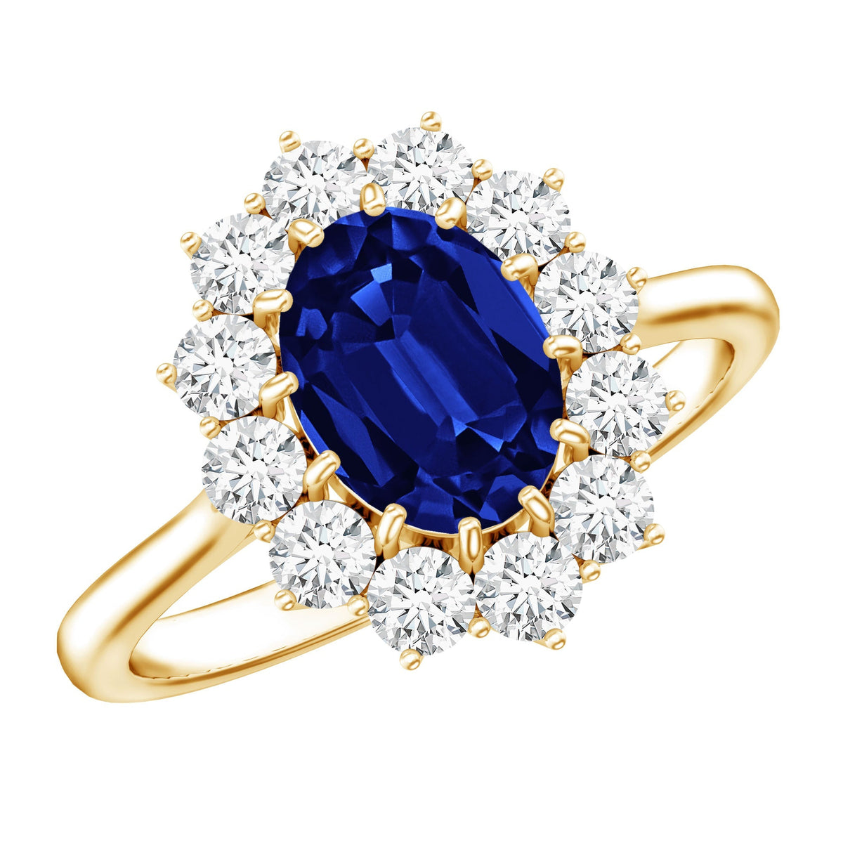 Lab Grown Blue Sapphire Ring, Oval Princess Diana Diamond Halo