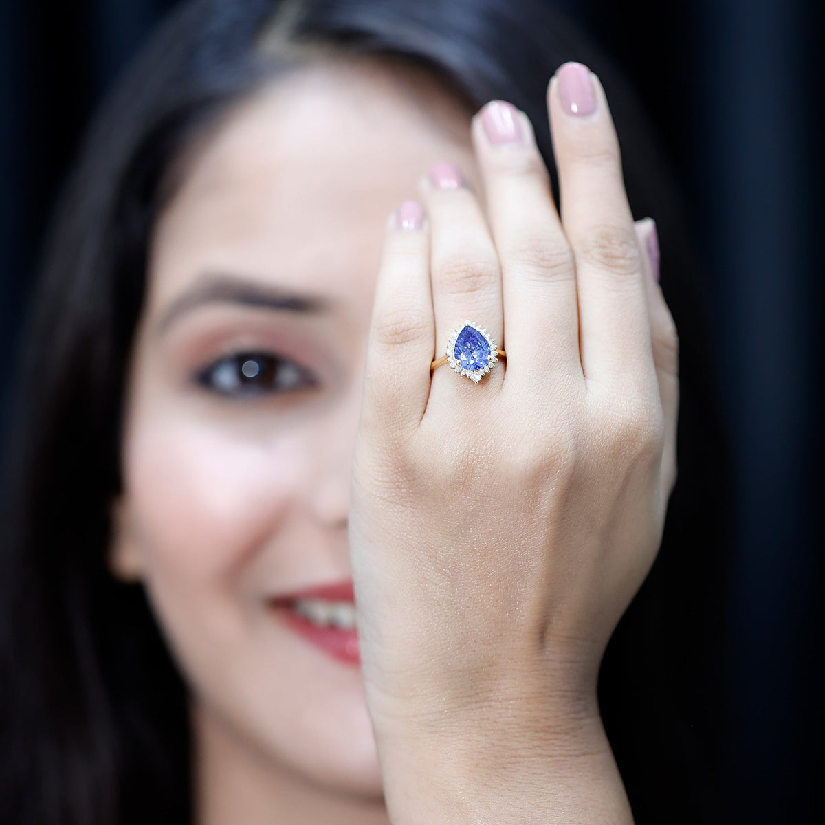 Lab Grown Blue Sapphire Ring, Pear Cut Diamond Halo Engagement Ring