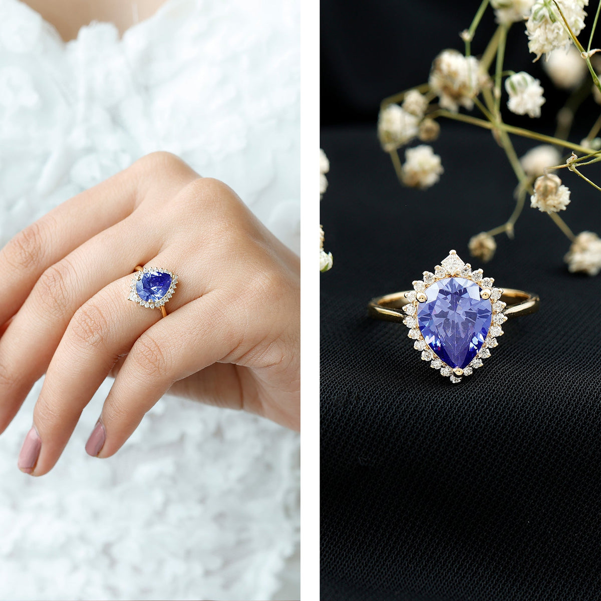 Lab Grown Blue Sapphire Ring, Pear Cut Diamond Halo Engagement Ring