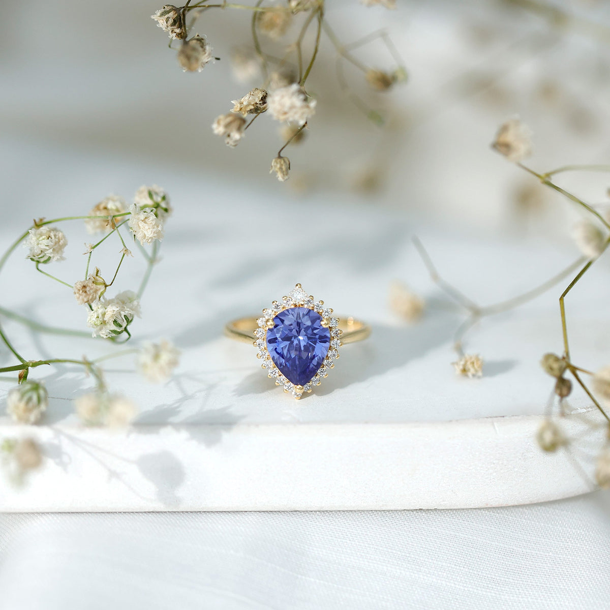 Lab Grown Blue Sapphire Ring, Pear Cut Diamond Halo Engagement Ring