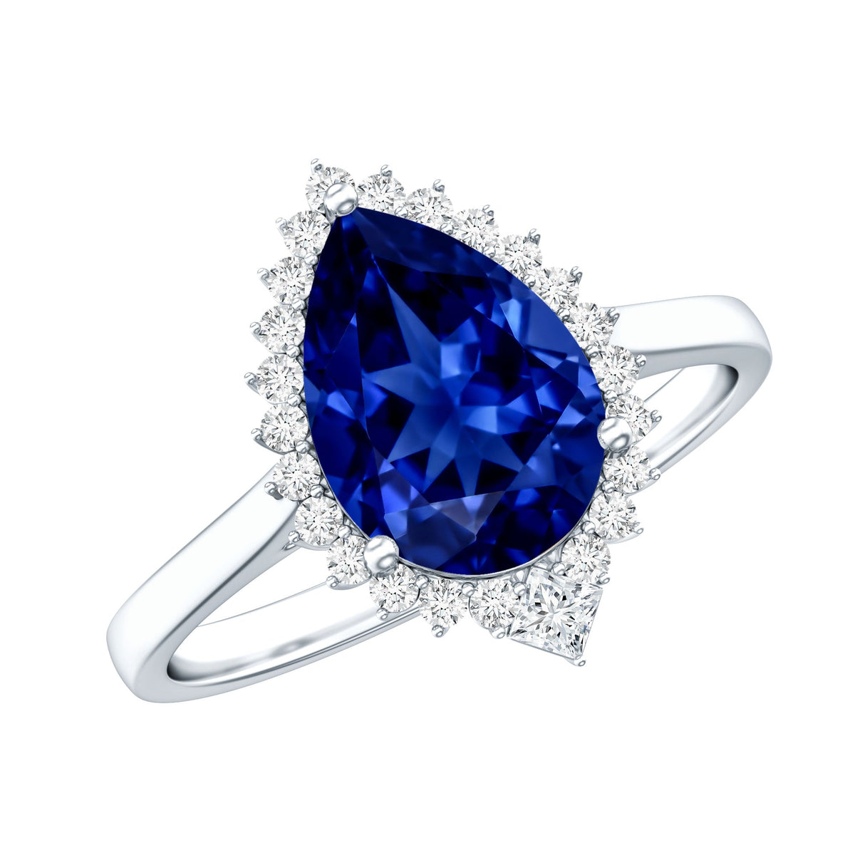Lab Grown Blue Sapphire Ring, Pear Cut Diamond Halo Engagement Ring