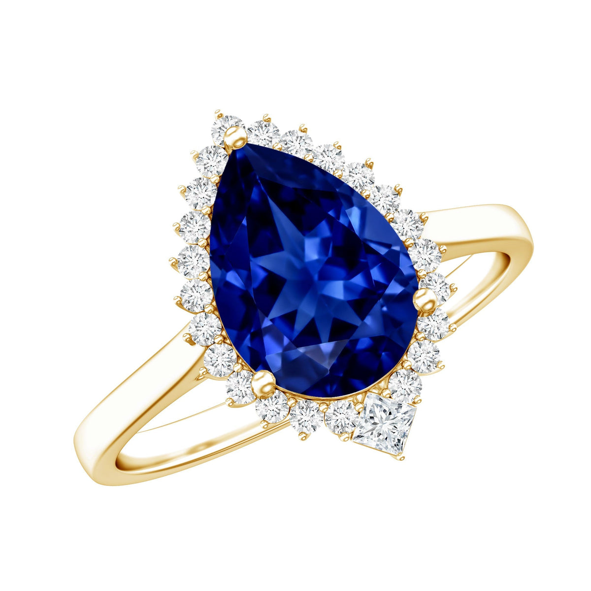 Lab Grown Blue Sapphire Ring, Pear Cut Diamond Halo Engagement Ring