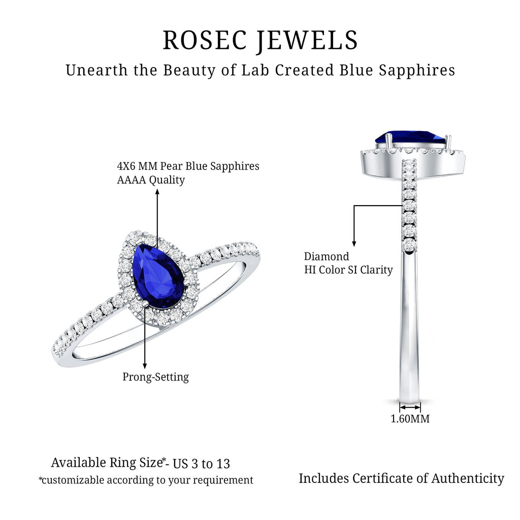 Lab Grown Blue Sapphire Ring, Pear Cut Diamond Halo Ring