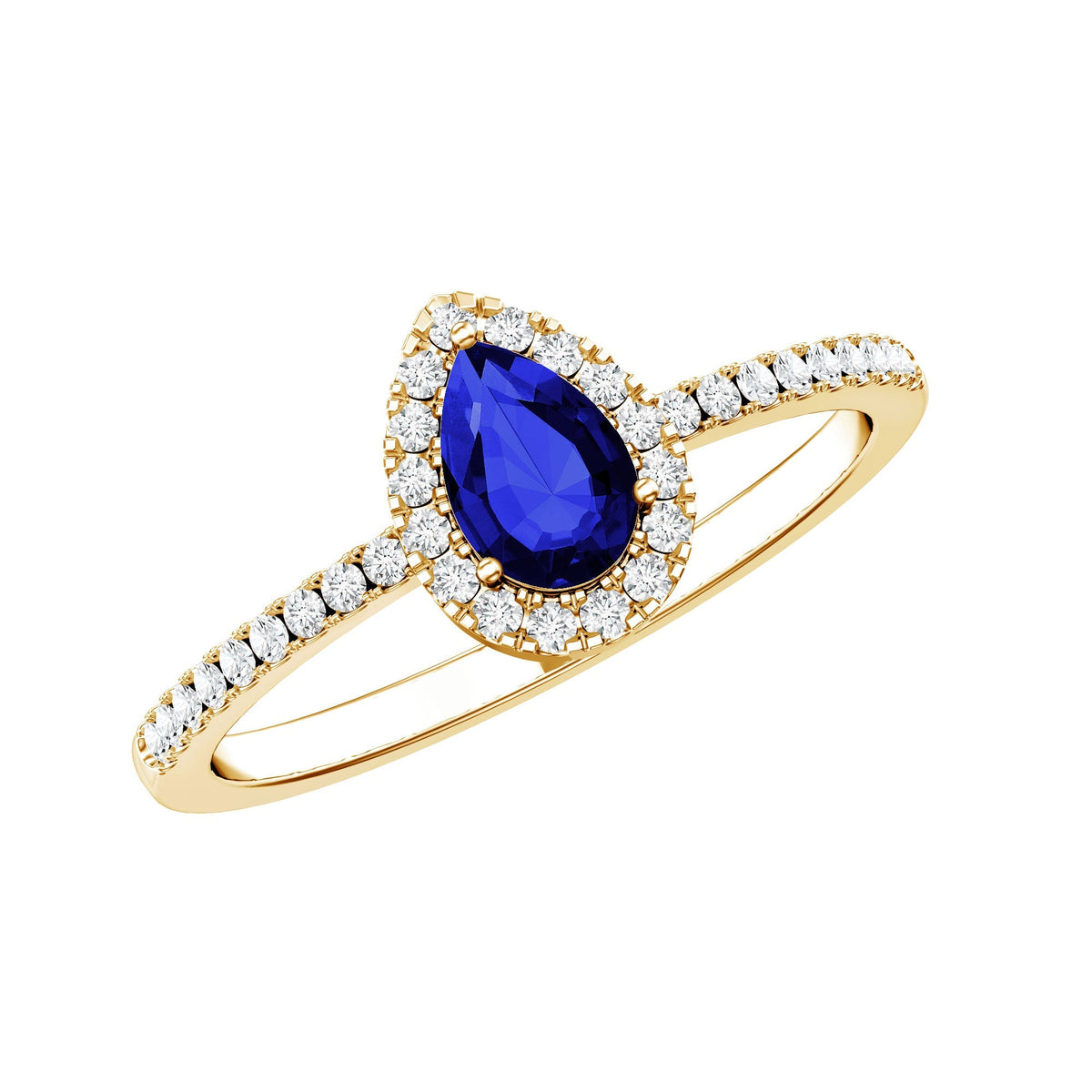 Lab Grown Blue Sapphire Ring, Pear Cut Diamond Halo Ring