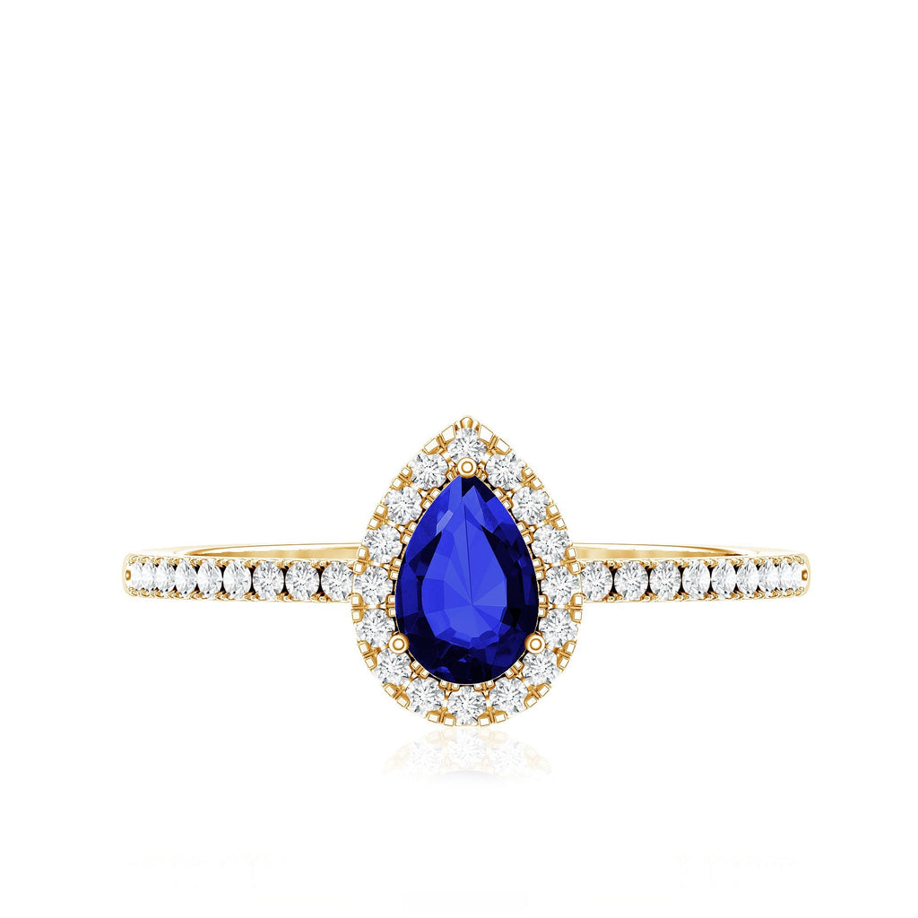 Lab Grown Blue Sapphire Ring, Pear Cut Diamond Halo Ring
