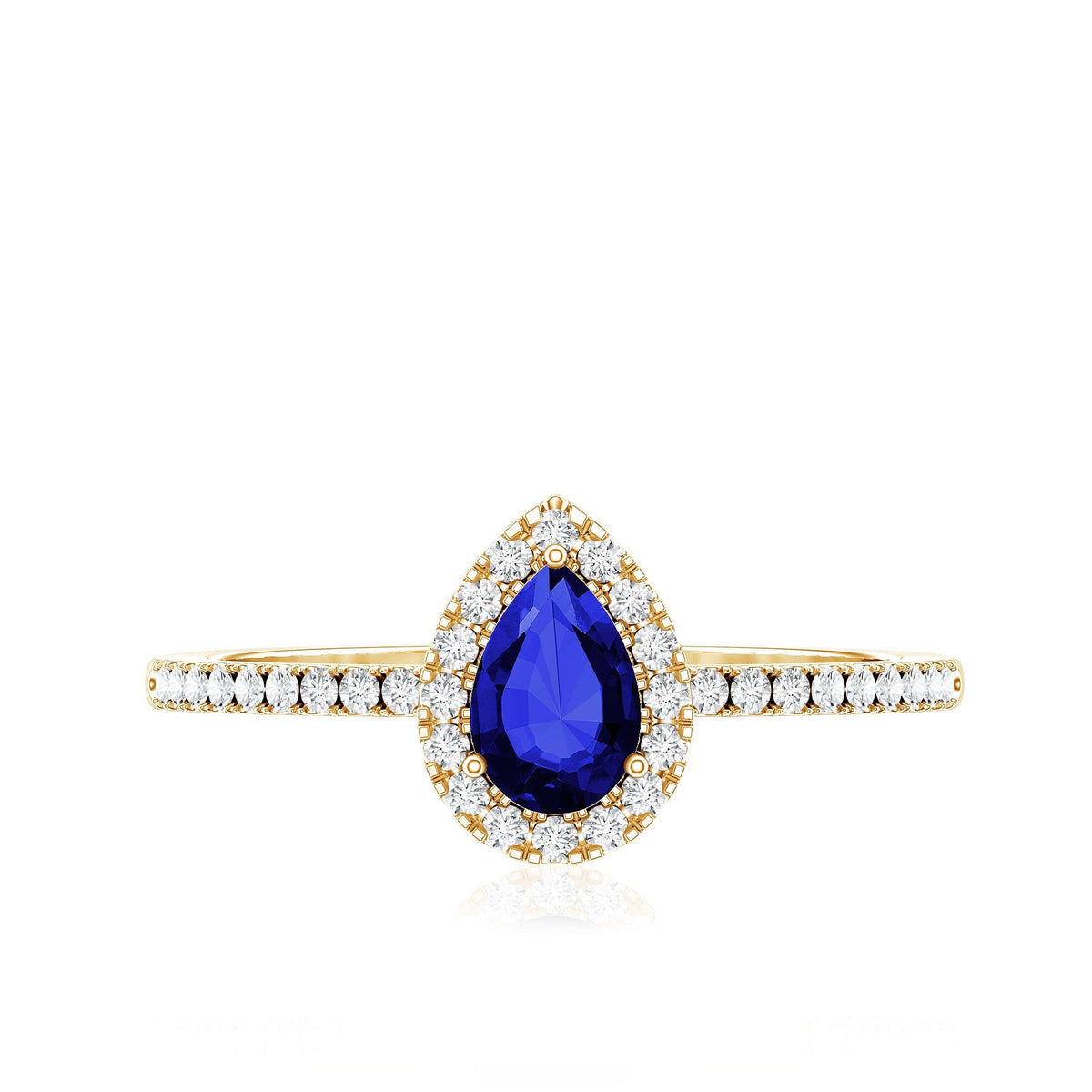Lab Grown Blue Sapphire Ring, Pear Cut Diamond Halo Ring