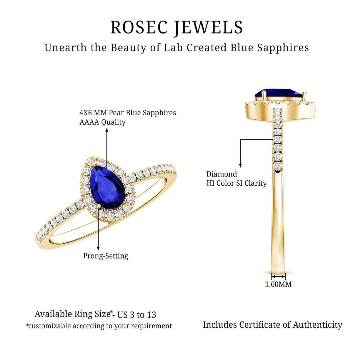 Lab Grown Blue Sapphire Ring, Pear Cut Diamond Halo Ring