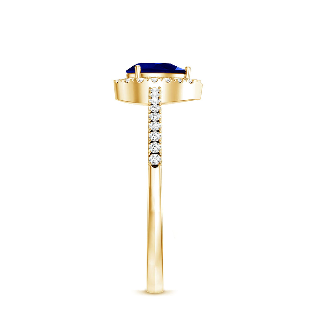 Lab Grown Blue Sapphire Ring, Pear Cut Diamond Halo Ring