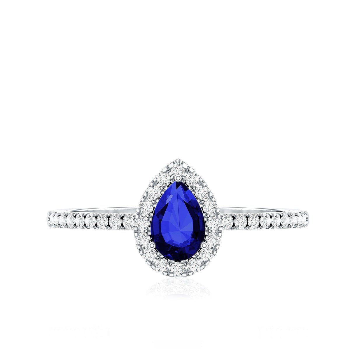 Lab Grown Blue Sapphire Ring, Pear Cut Diamond Halo Ring