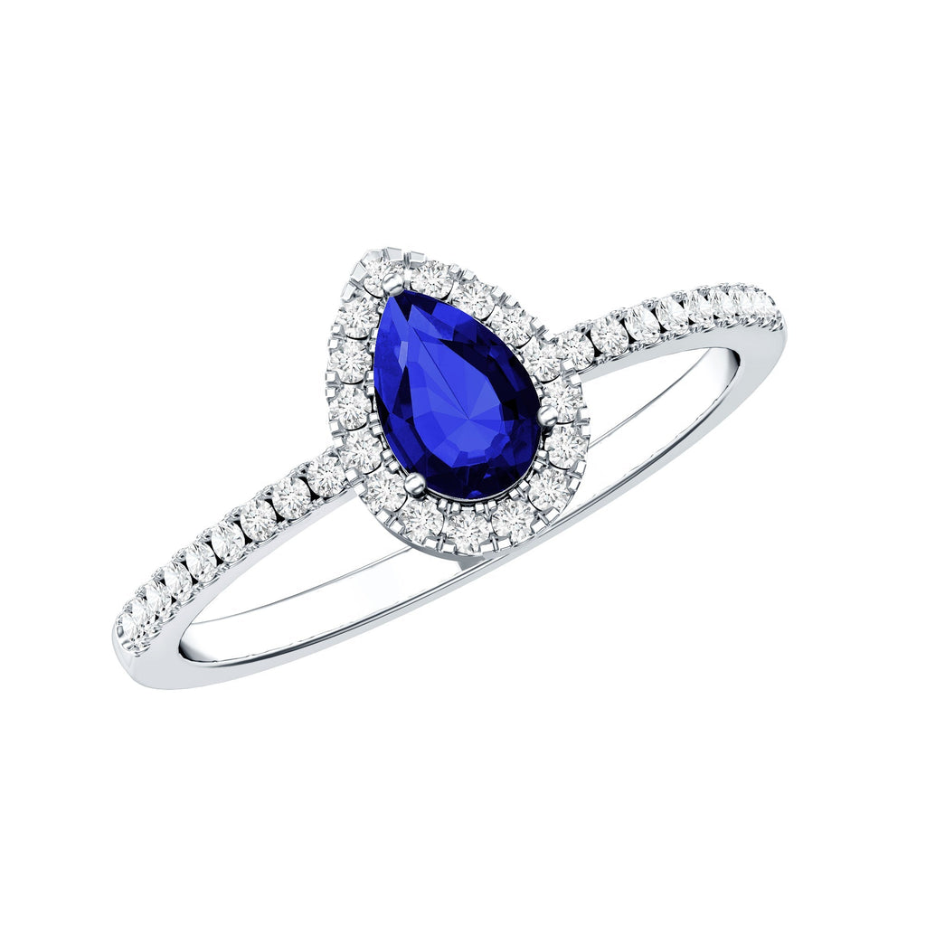 Lab Grown Blue Sapphire Ring, Pear Cut Diamond Halo Ring