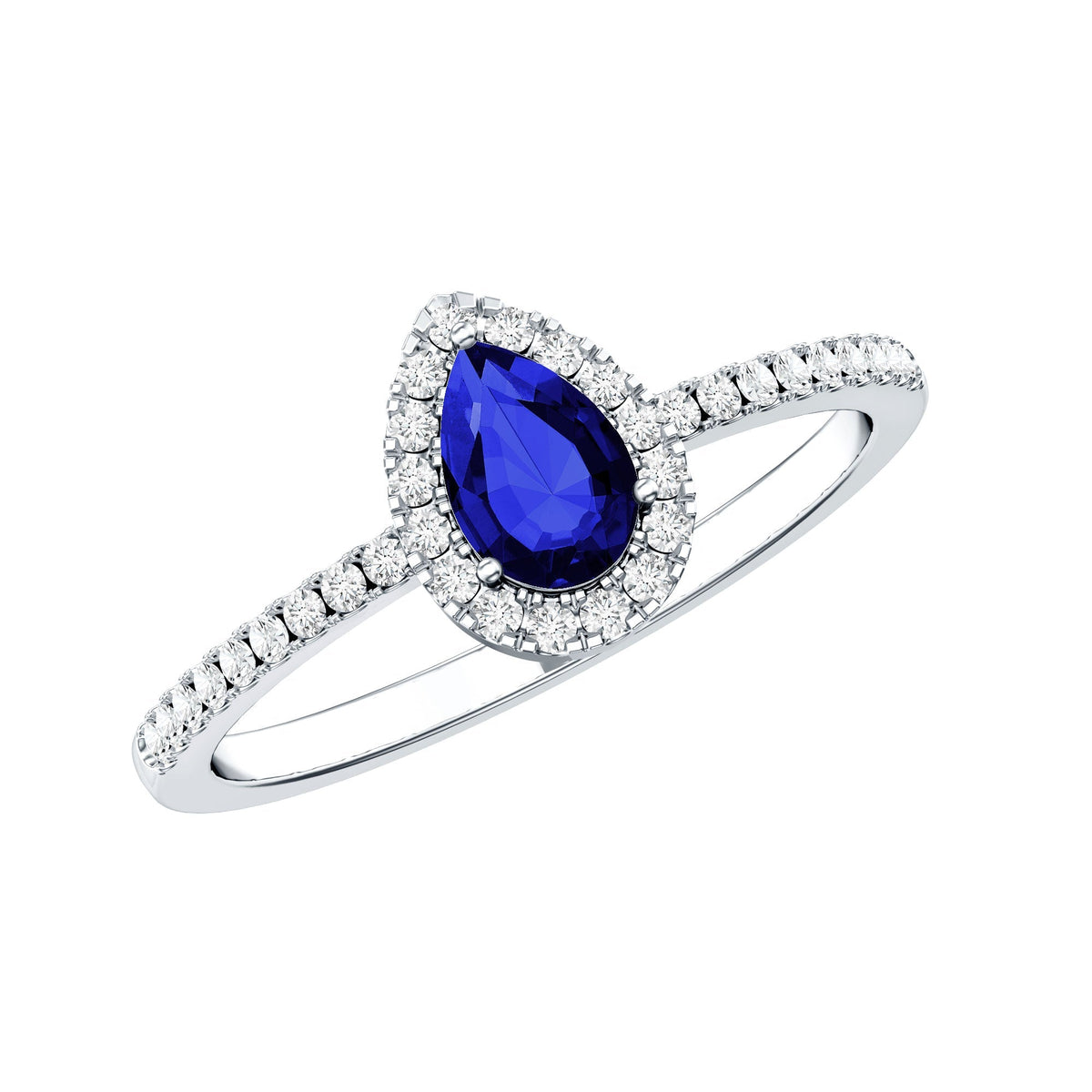 Lab Grown Blue Sapphire Ring, Pear Cut Diamond Halo Ring