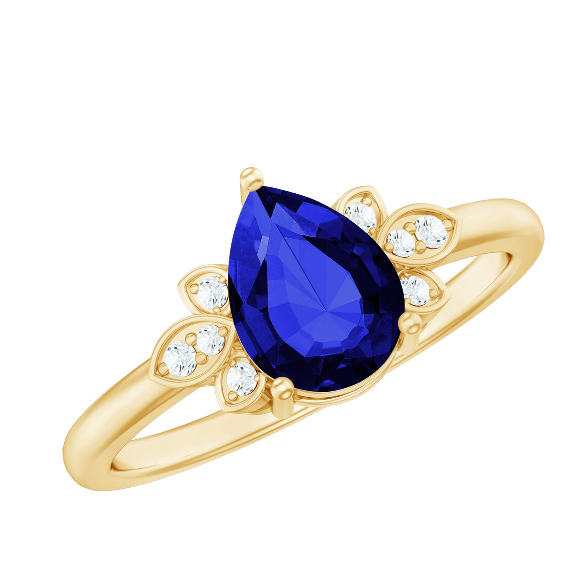 Lab Grown Blue Sapphire Ring, Pear Diamond Engagement Ring