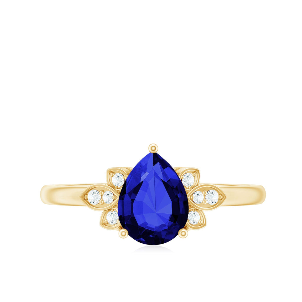 Lab Grown Blue Sapphire Ring, Pear Diamond Engagement Ring