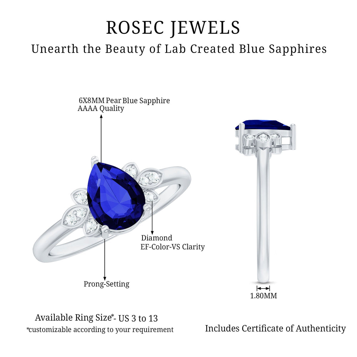 Lab Grown Blue Sapphire Ring, Pear Diamond Engagement Ring
