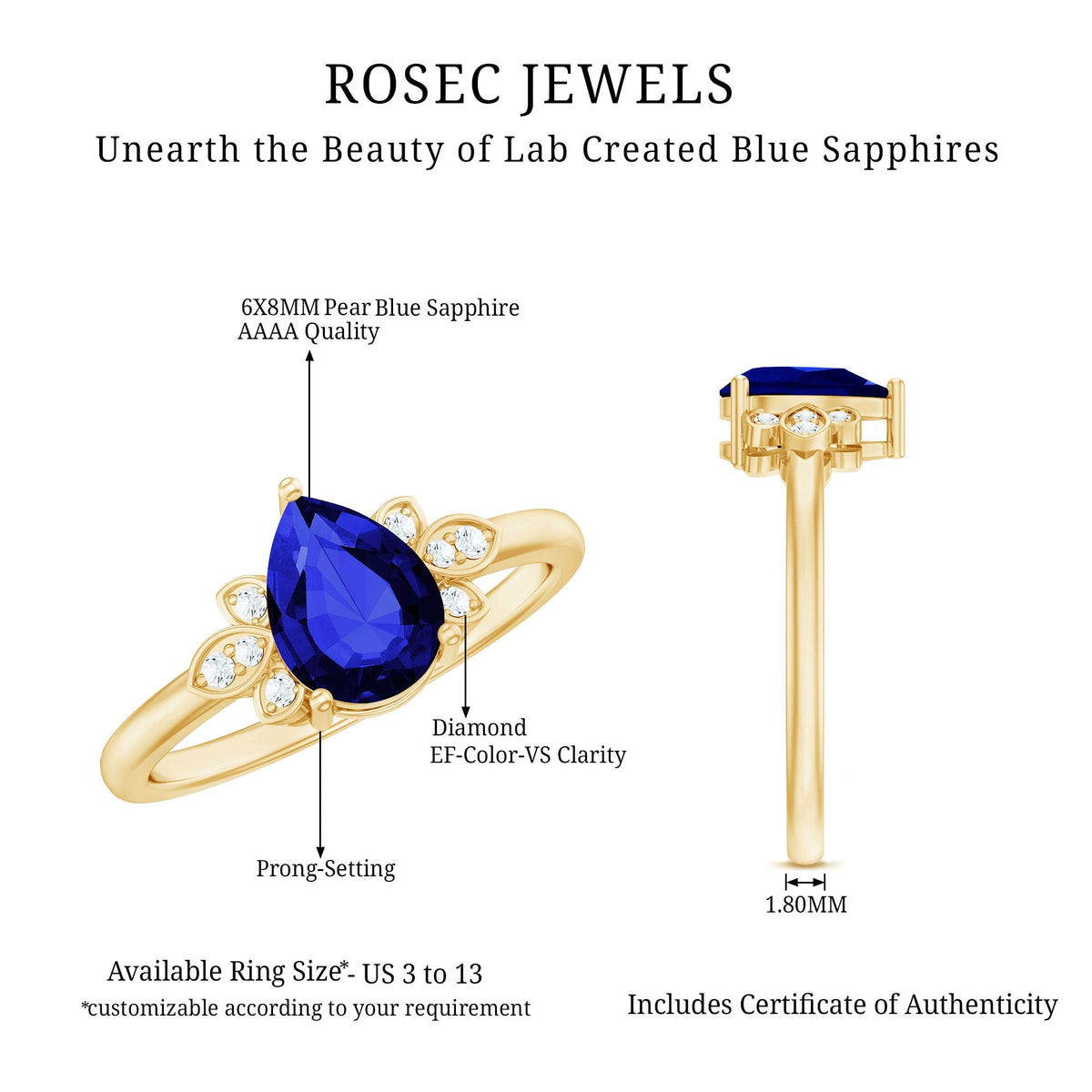 Lab Grown Blue Sapphire Ring, Pear Diamond Engagement Ring