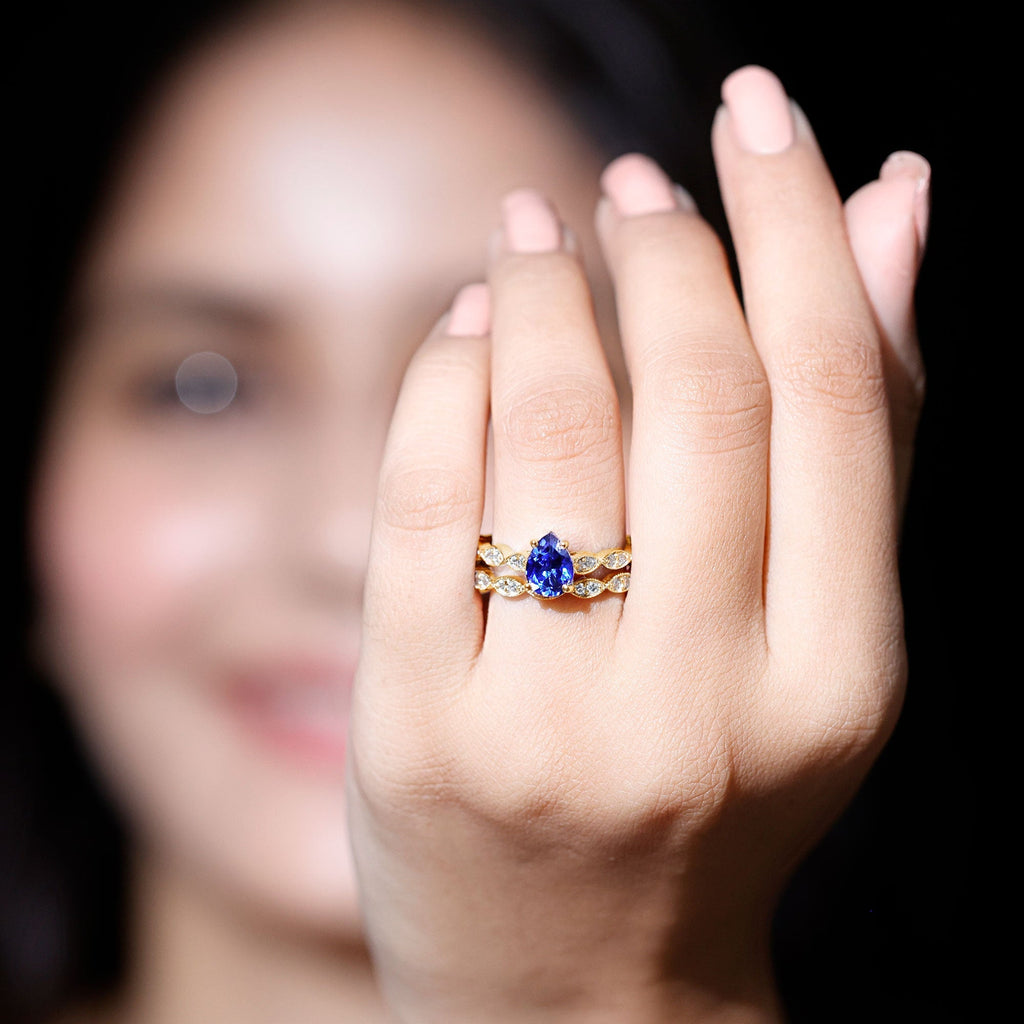 Lab Grown Blue Sapphire Ring, Pear Diamond Wedding Bridal Set