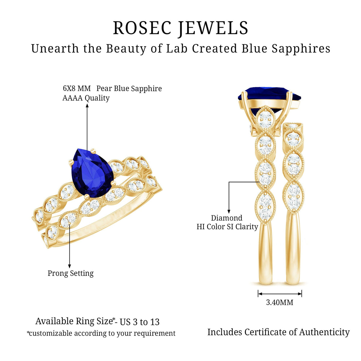 Lab Grown Blue Sapphire Ring, Pear Diamond Wedding Bridal Set