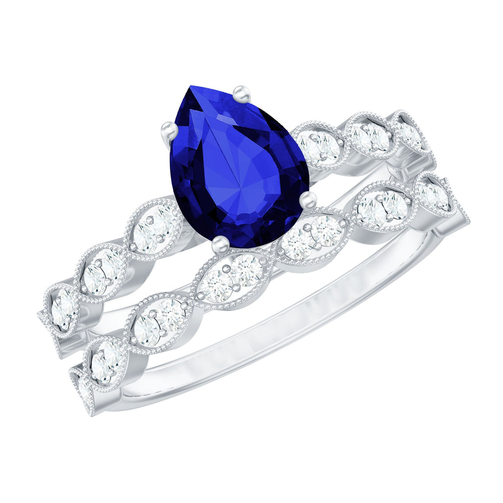 Lab Grown Blue Sapphire Ring, Pear Diamond Wedding Bridal Set