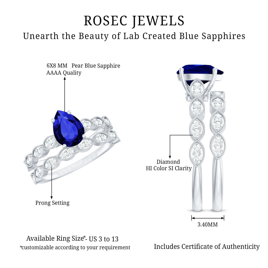 Lab Grown Blue Sapphire Ring, Pear Diamond Wedding Bridal Set