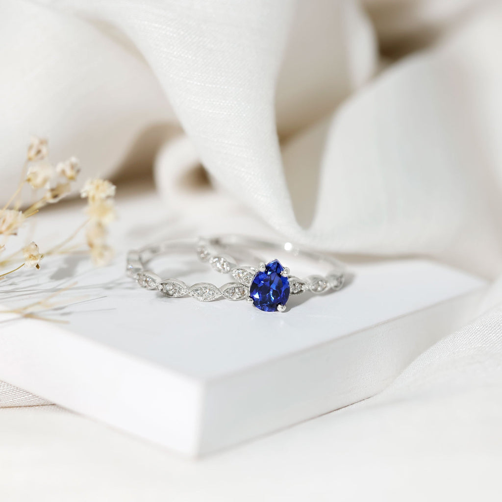 Lab Grown Blue Sapphire Ring, Pear Diamond Wedding Bridal Set
