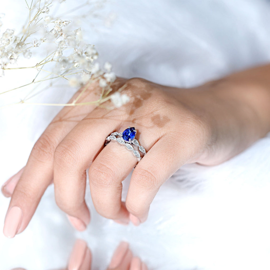 Lab Grown Blue Sapphire Ring, Pear Diamond Wedding Bridal Set