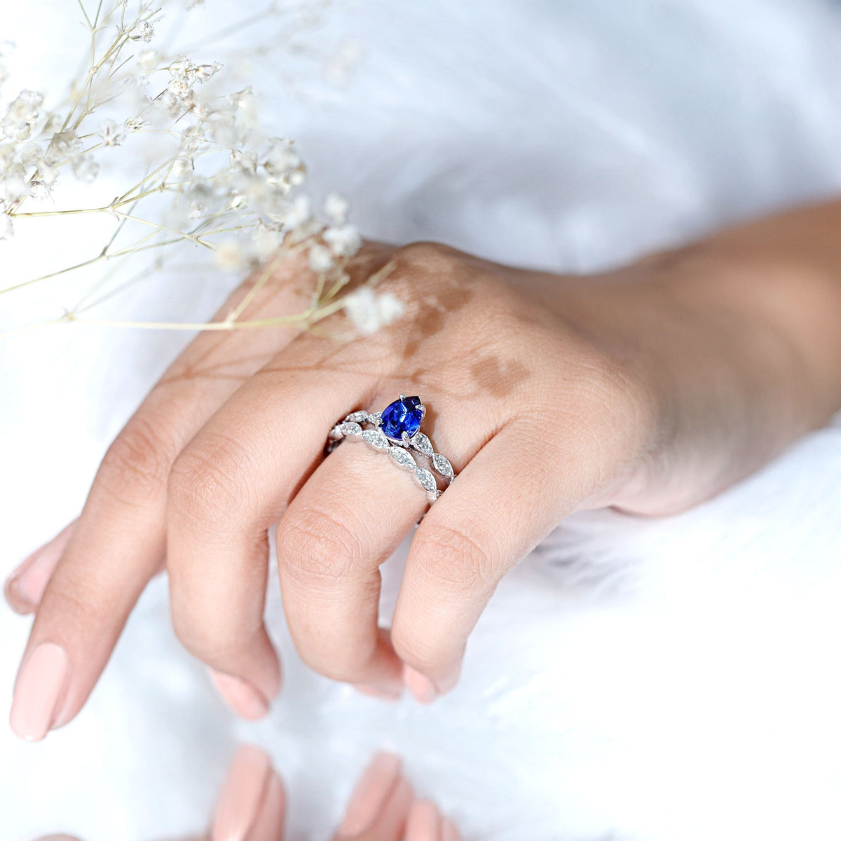 Lab Grown Blue Sapphire Ring, Pear Diamond Wedding Bridal Set