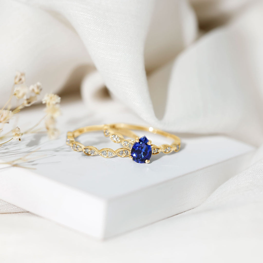 Lab Grown Blue Sapphire Ring, Pear Diamond Wedding Bridal Set