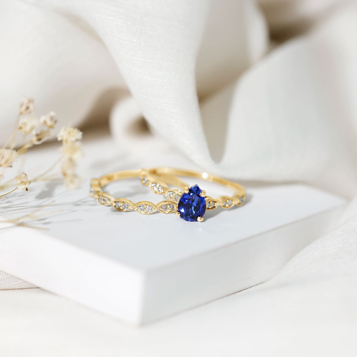 Lab Grown Blue Sapphire Ring, Pear Diamond Wedding Bridal Set
