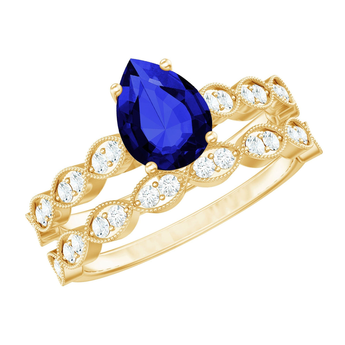 Lab Grown Blue Sapphire Ring, Pear Diamond Wedding Bridal Set