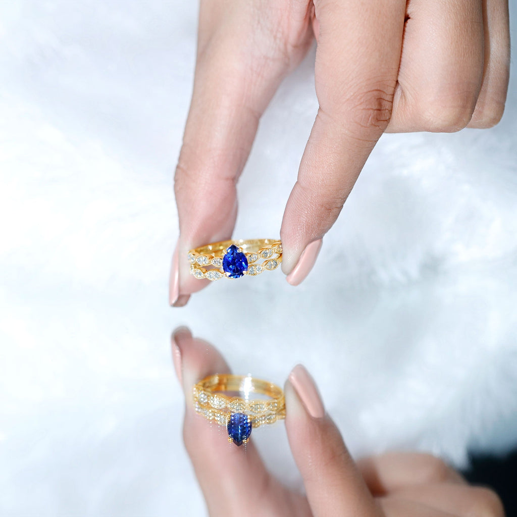 Lab Grown Blue Sapphire Ring, Pear Diamond Wedding Bridal Set