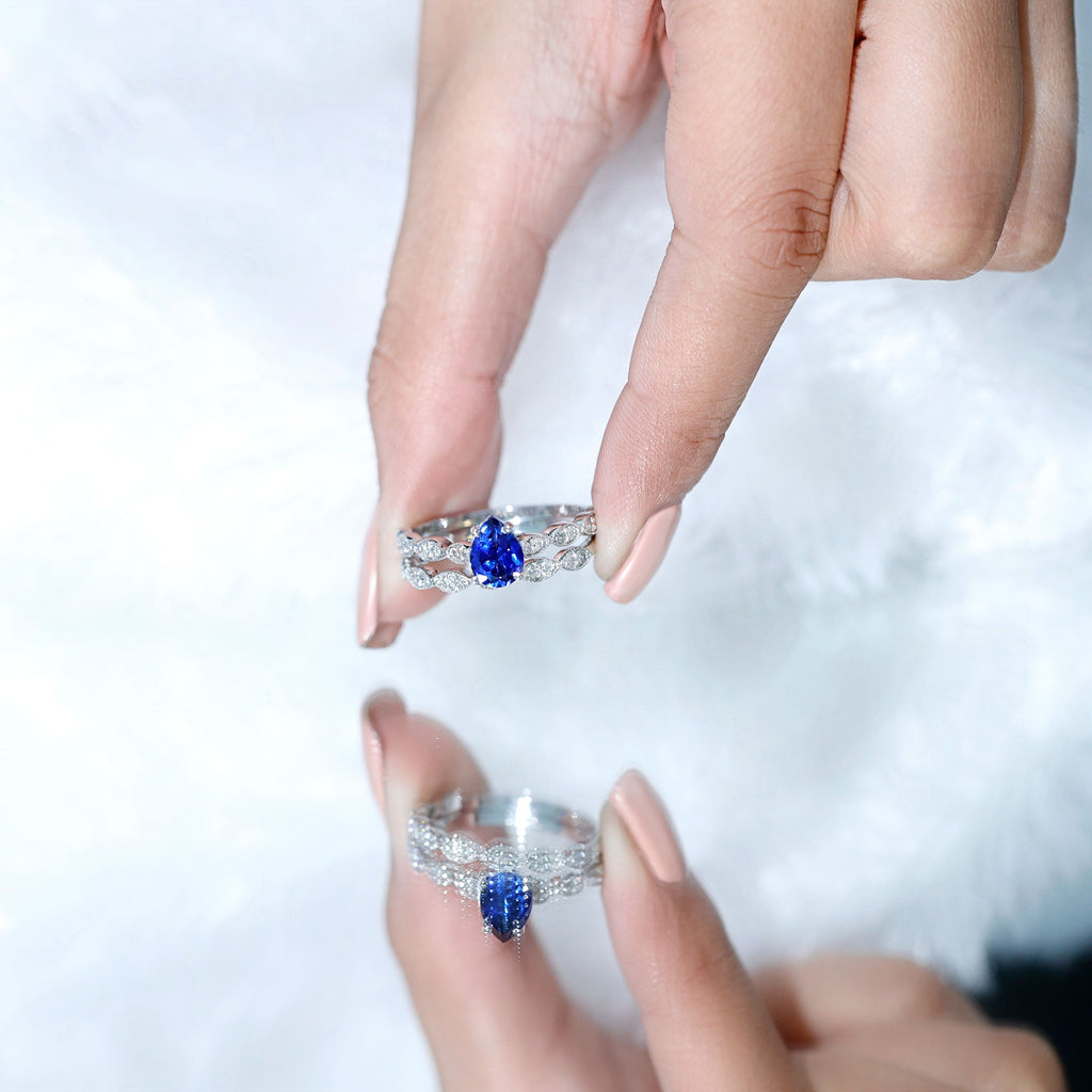 Lab Grown Blue Sapphire Ring, Pear Diamond Wedding Bridal Set