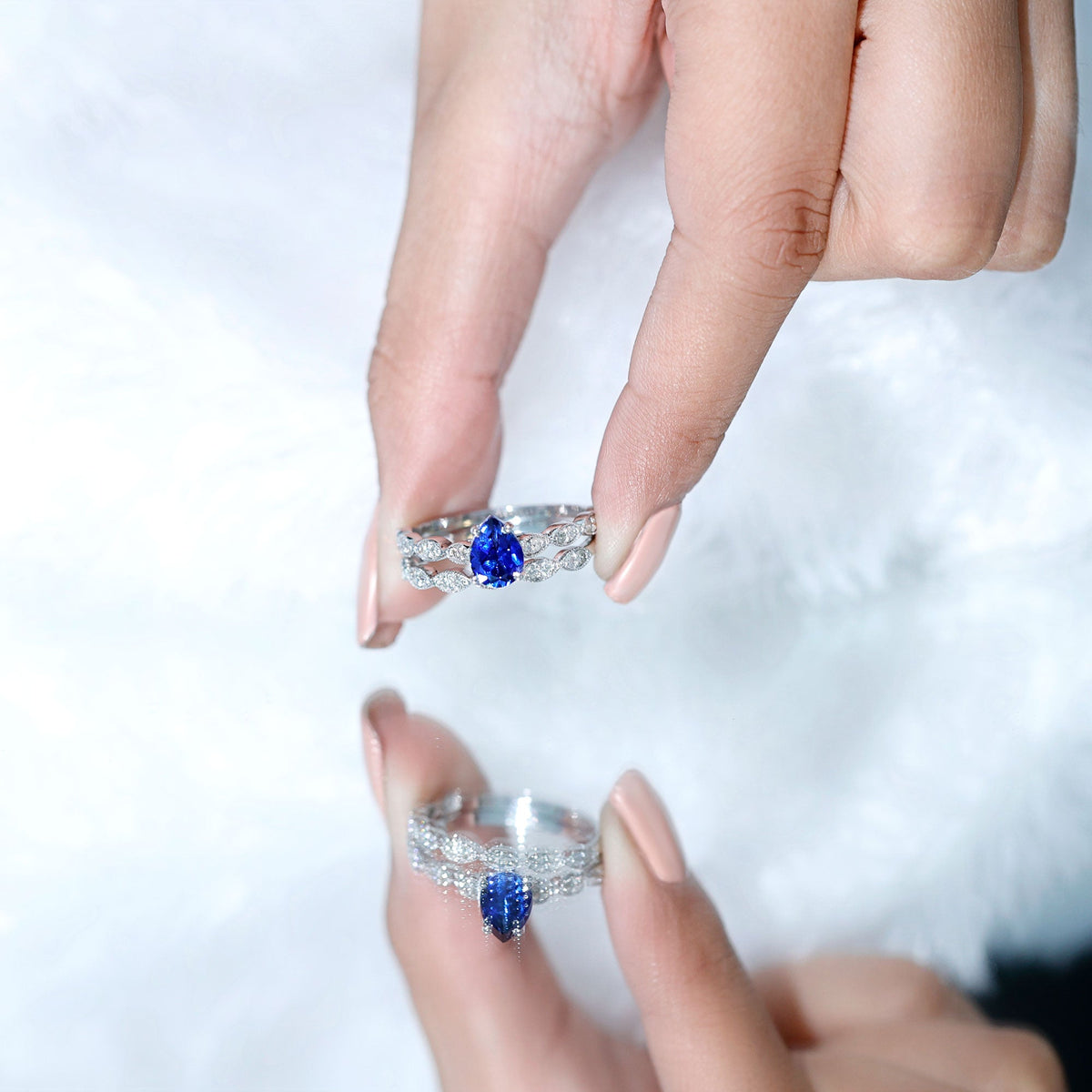 Lab Grown Blue Sapphire Ring, Pear Diamond Wedding Bridal Set