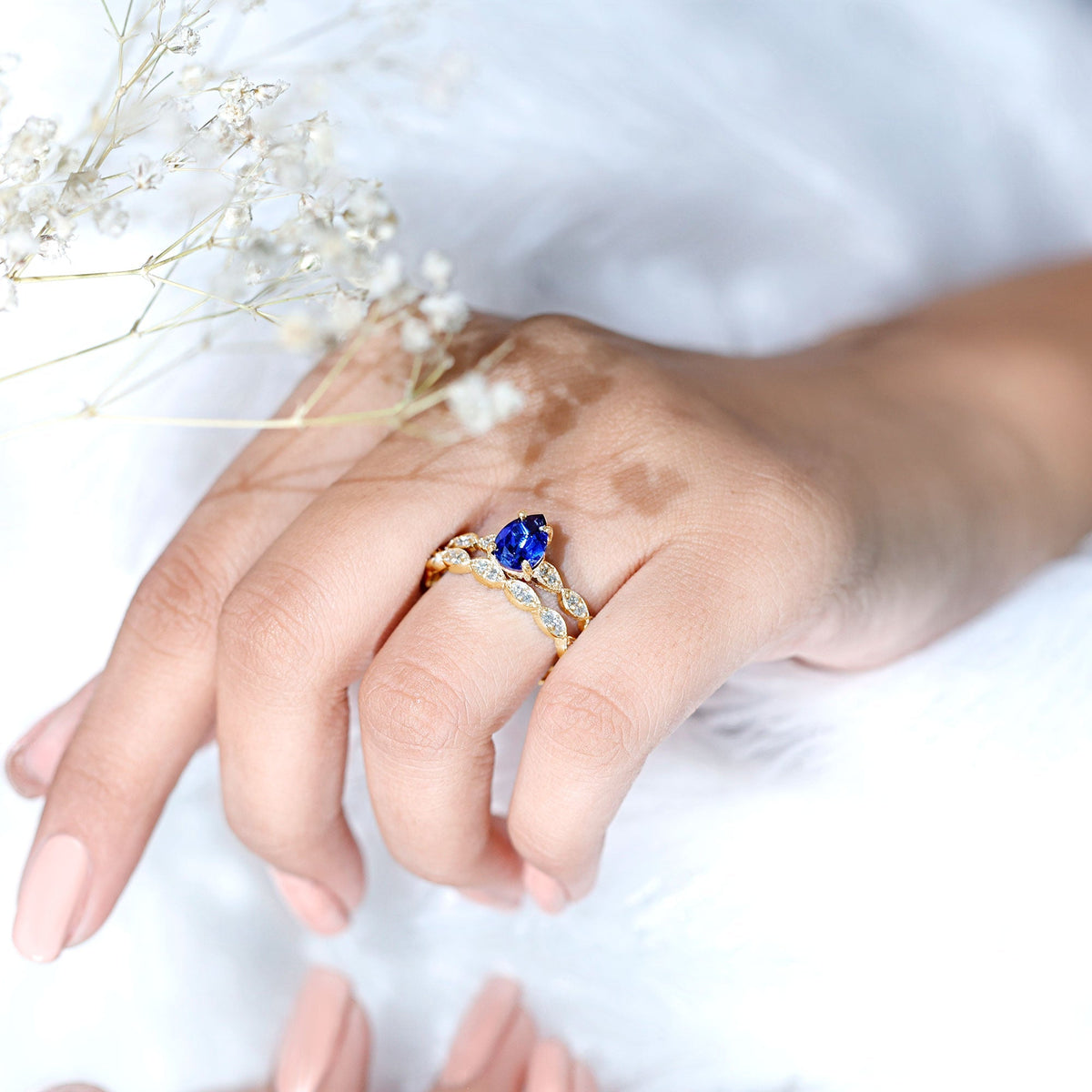 Lab Grown Blue Sapphire Ring, Pear Diamond Wedding Bridal Set