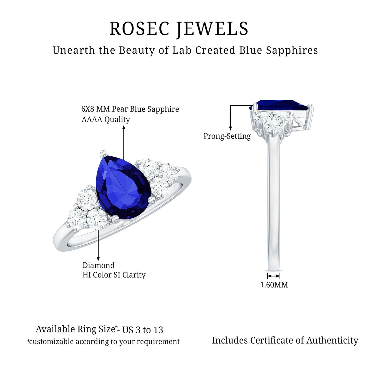 Lab Grown Blue Sapphire Ring, Pear Engagement Ring With Diamonds