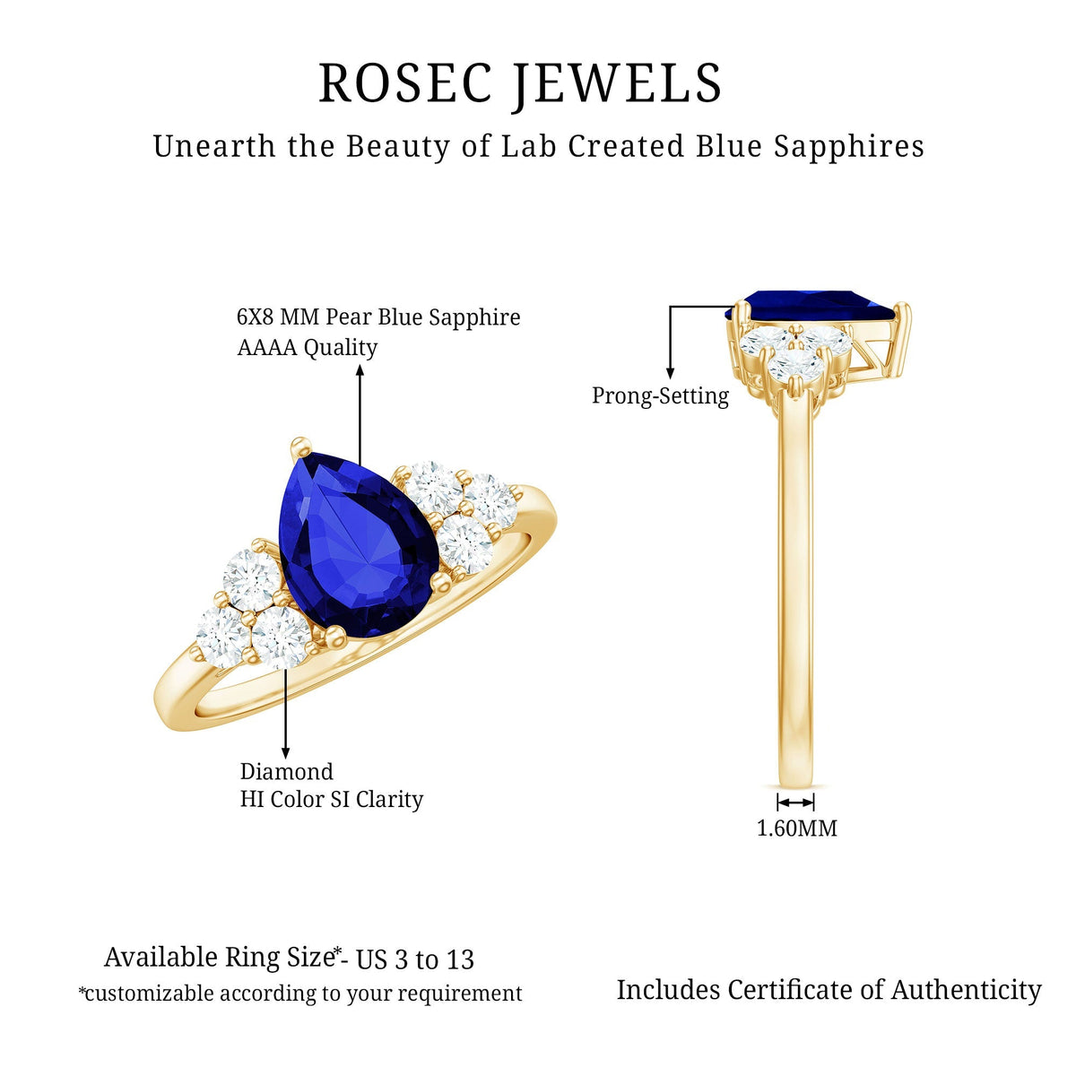 Lab Grown Blue Sapphire Ring, Pear Engagement Ring With Diamonds