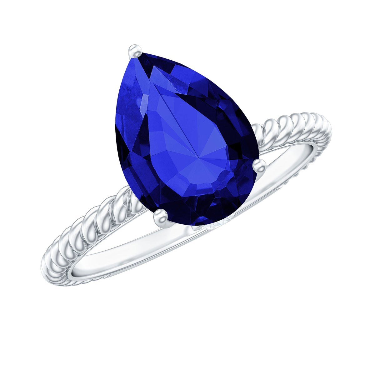 Lab Grown Blue Sapphire Ring, Pear Shaped Twisted Rope Ring