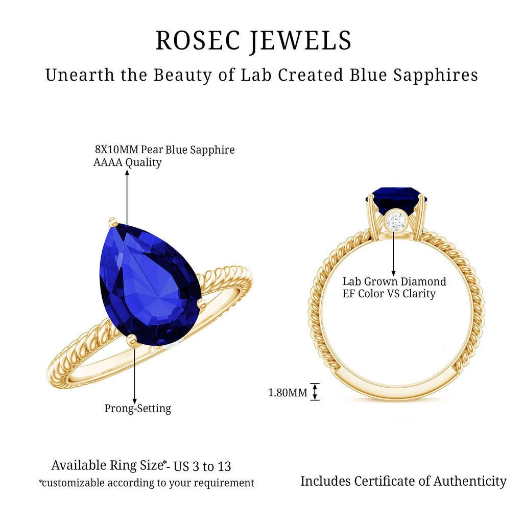 Lab Grown Blue Sapphire Ring, Pear Shaped Twisted Rope Ring