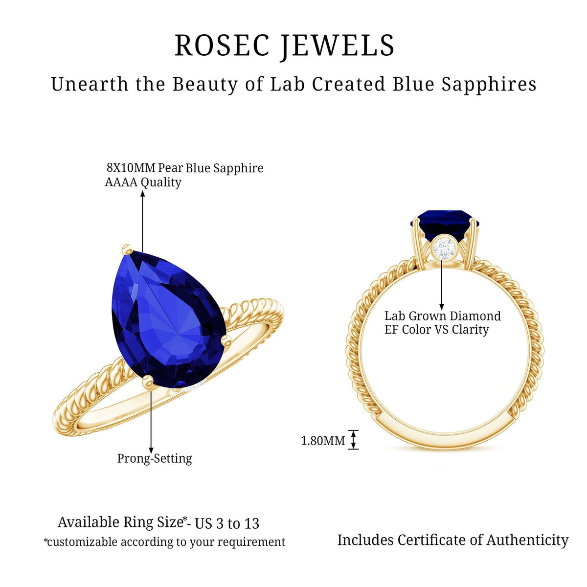 Lab Grown Blue Sapphire Ring, Pear Shaped Twisted Rope Ring