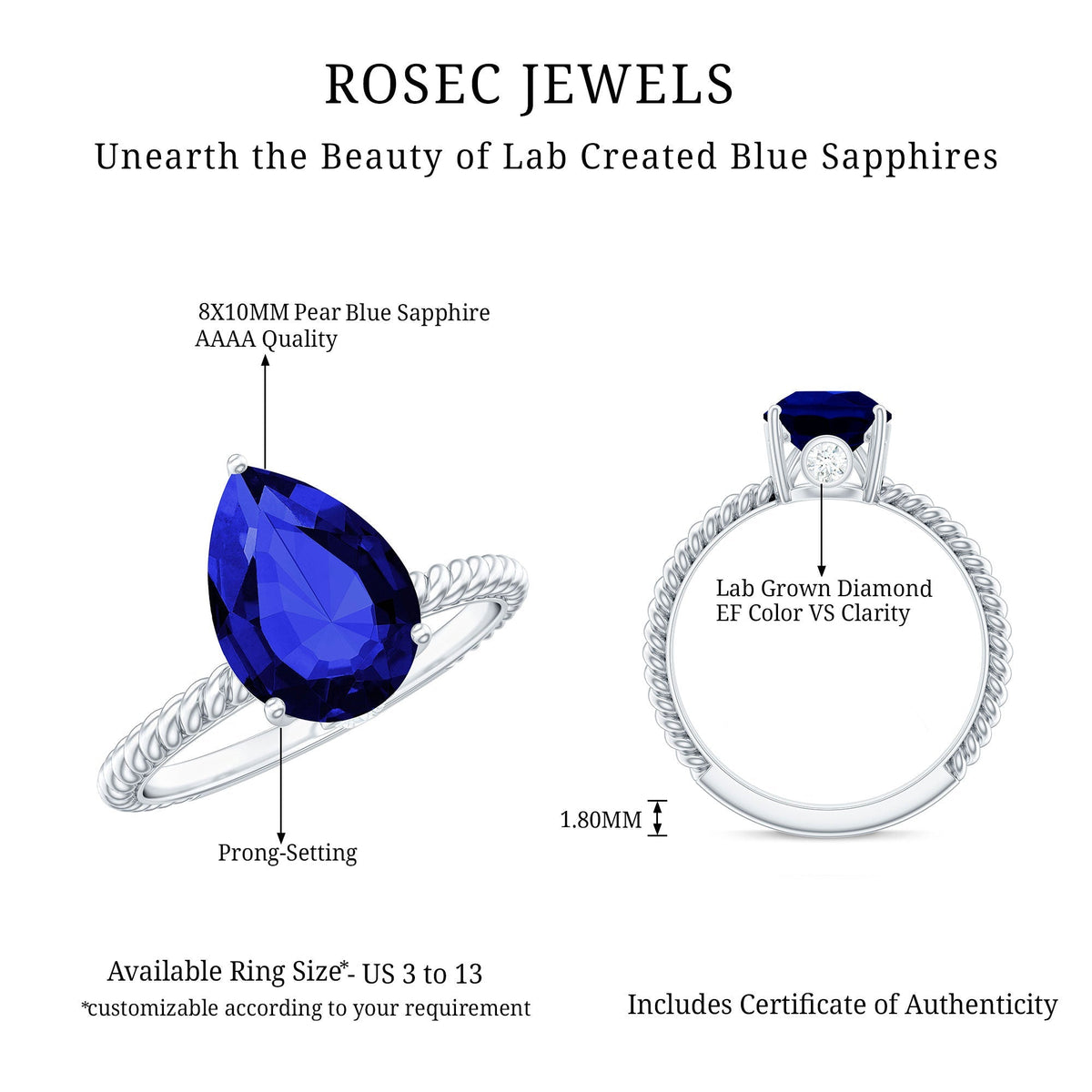 Lab Grown Blue Sapphire Ring, Pear Shaped Twisted Rope Ring
