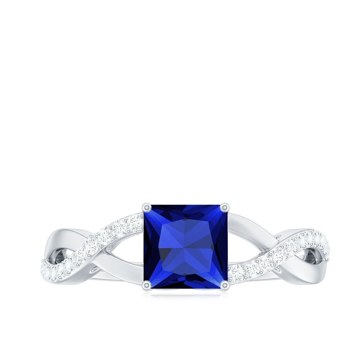 Lab Grown Blue Sapphire Ring Princess Cut Diamond Crossover