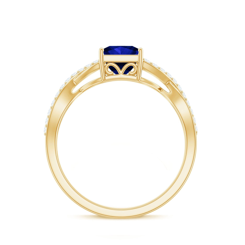 Lab Grown Blue Sapphire Ring Princess Cut Diamond Crossover