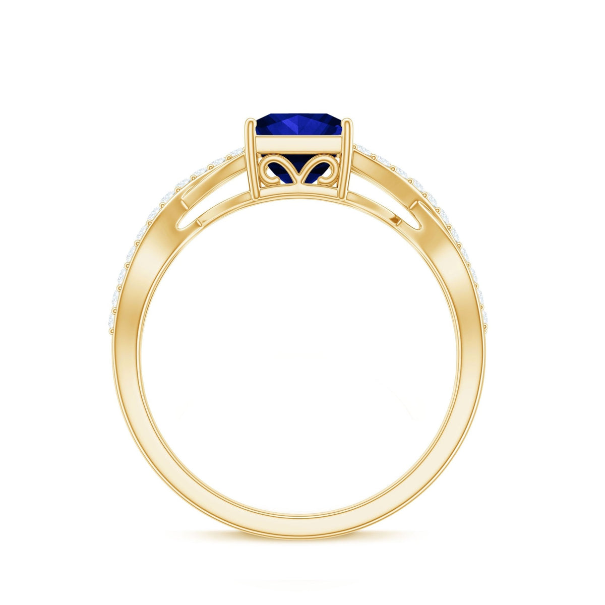 Lab Grown Blue Sapphire Ring Princess Cut Diamond Crossover