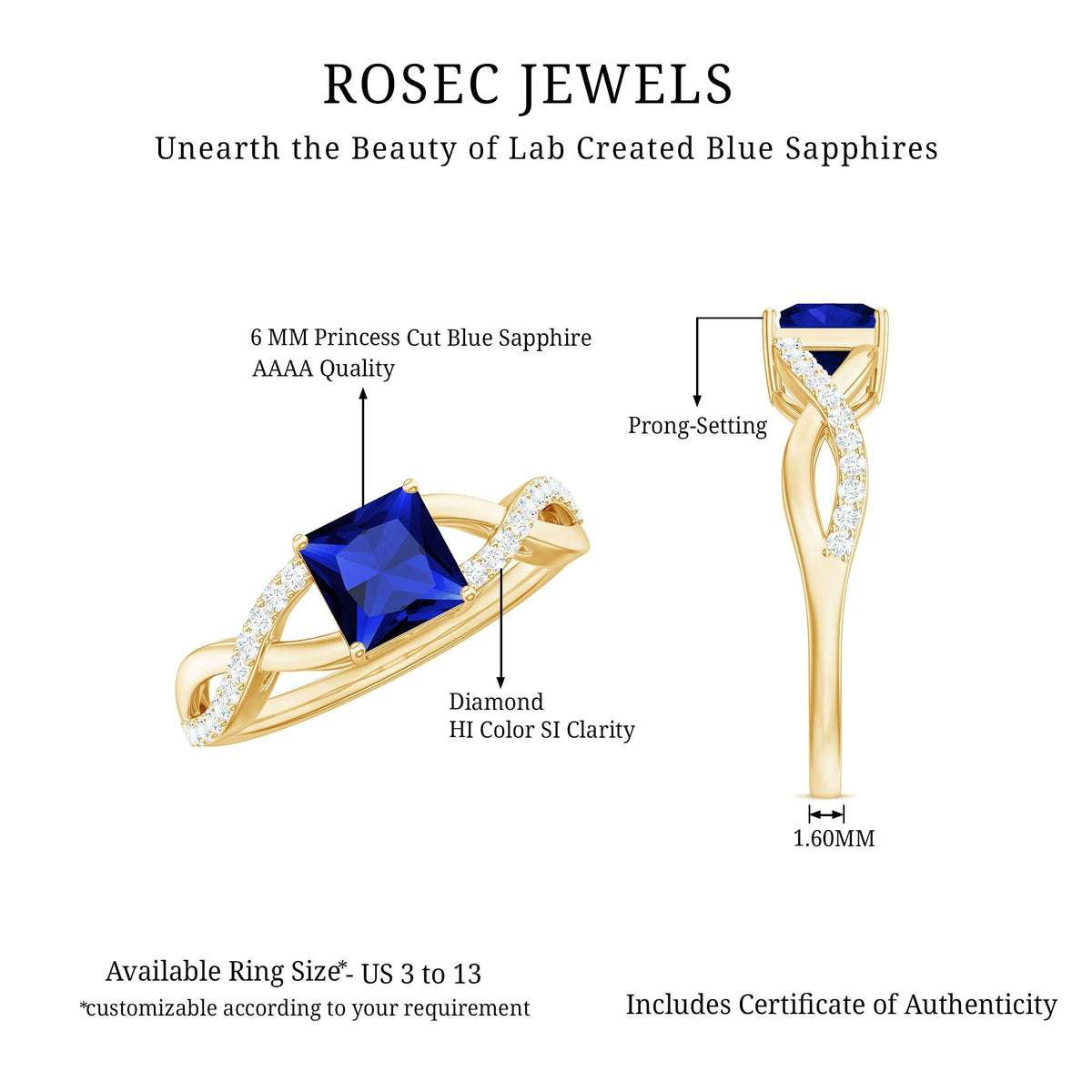 Lab Grown Blue Sapphire Ring Princess Cut Diamond Crossover