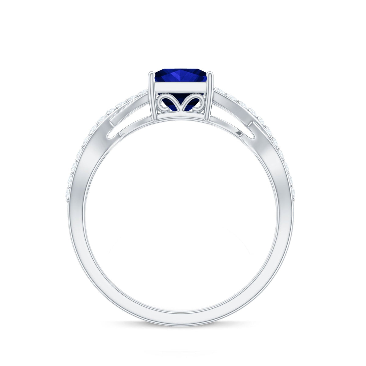 Lab Grown Blue Sapphire Ring Princess Cut Diamond Crossover