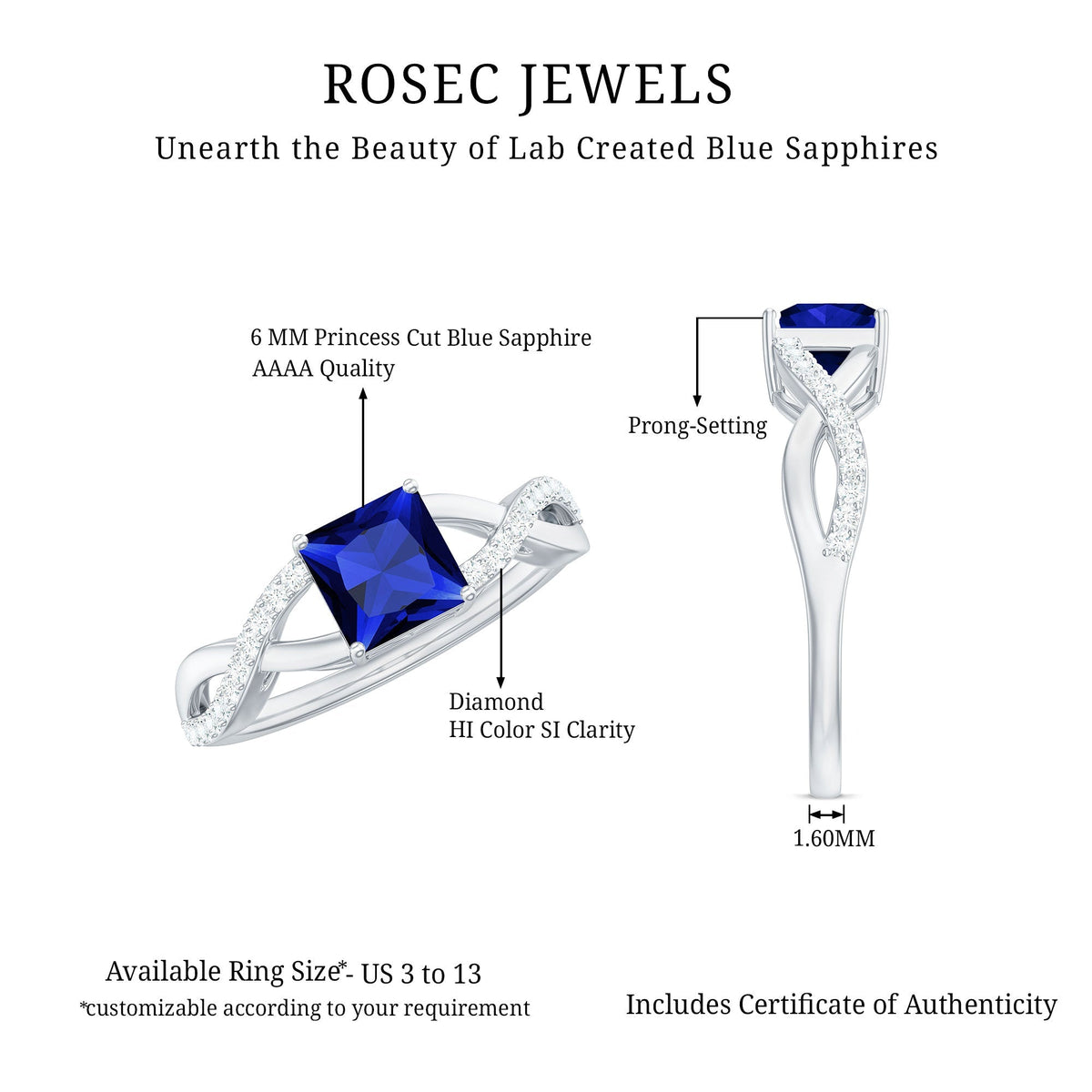 Lab Grown Blue Sapphire Ring Princess Cut Diamond Crossover